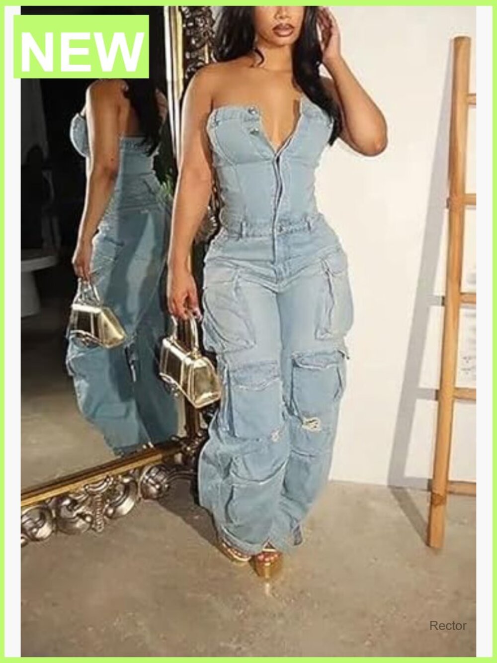 Cargo Denim Jumpsuit with Pockets, Stretch, Button Down - Picture 3 of 7